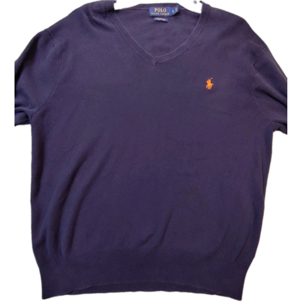 Polo Ralph Lauren Mens V-Neck Sweater Blue Pima Cotton Pullover Size L